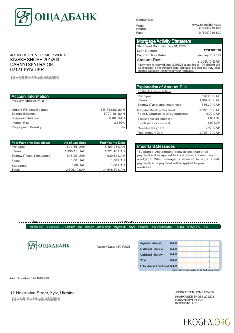 Relevé hypothécaire de l'Oshadbank ukrainienne aux formats Word et PDF